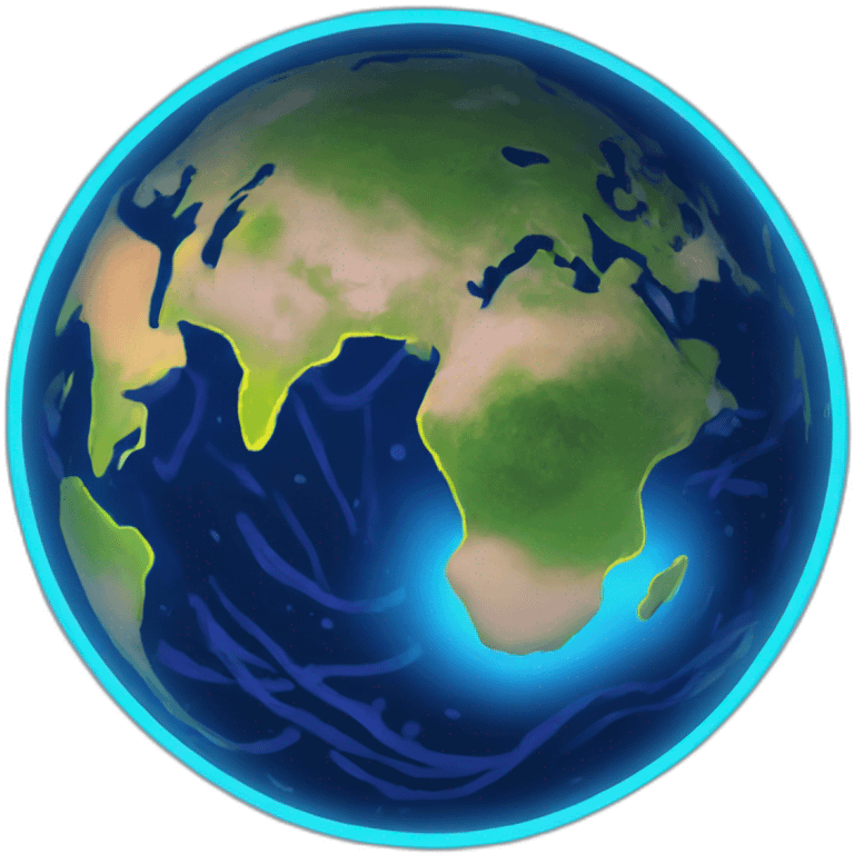 neon version of planet earth with a dull face emoji