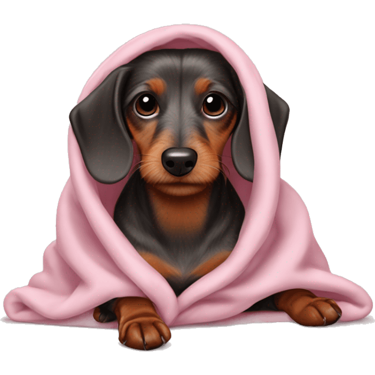 wirehaired dachshund in a light pink cozy blanket  emoji