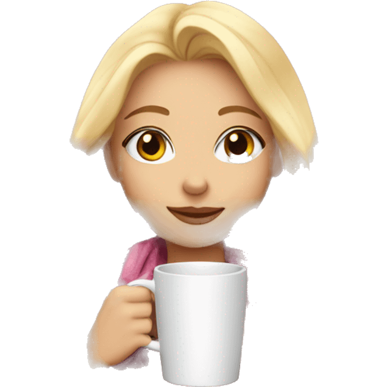 cute blonde girl wrapped in pink plaid blanket drinking coffee emoji