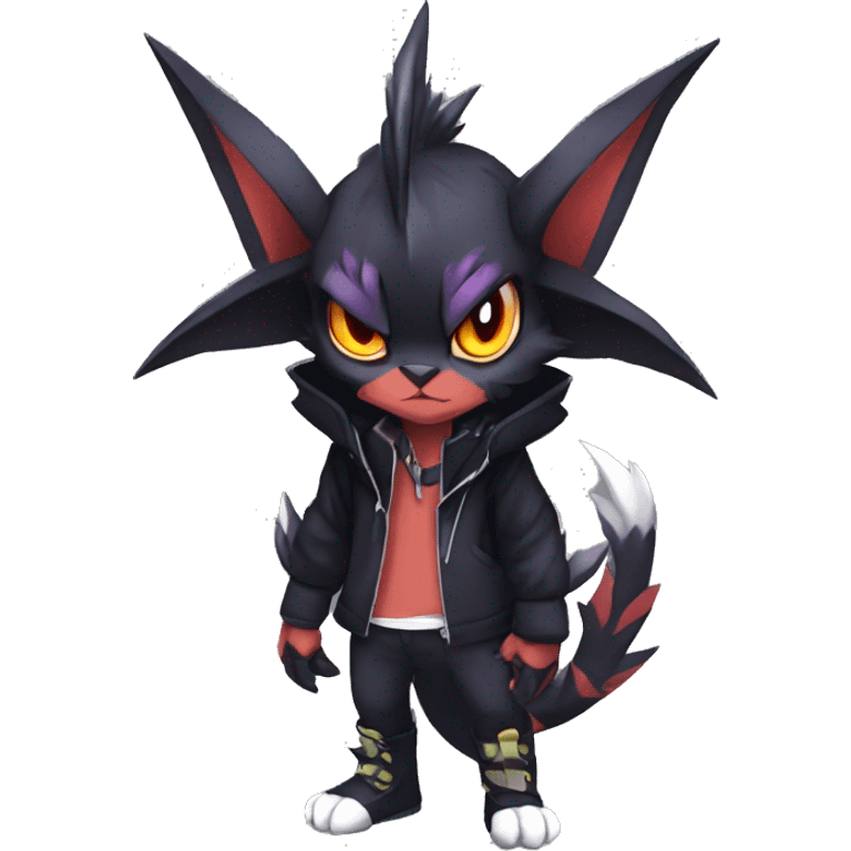 Cool Anthro Black Noivern-Absol-Litten-Pokémon with edgy stripes hoodie spiked collar punk Full Body emoji