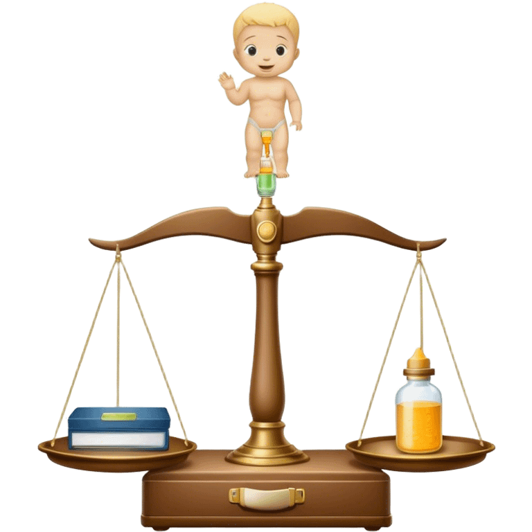 scale with baby and bottle on left tray, briefcase on right tray, spinal column as the scale pillar, 'CHOICE' engraved on base emoji