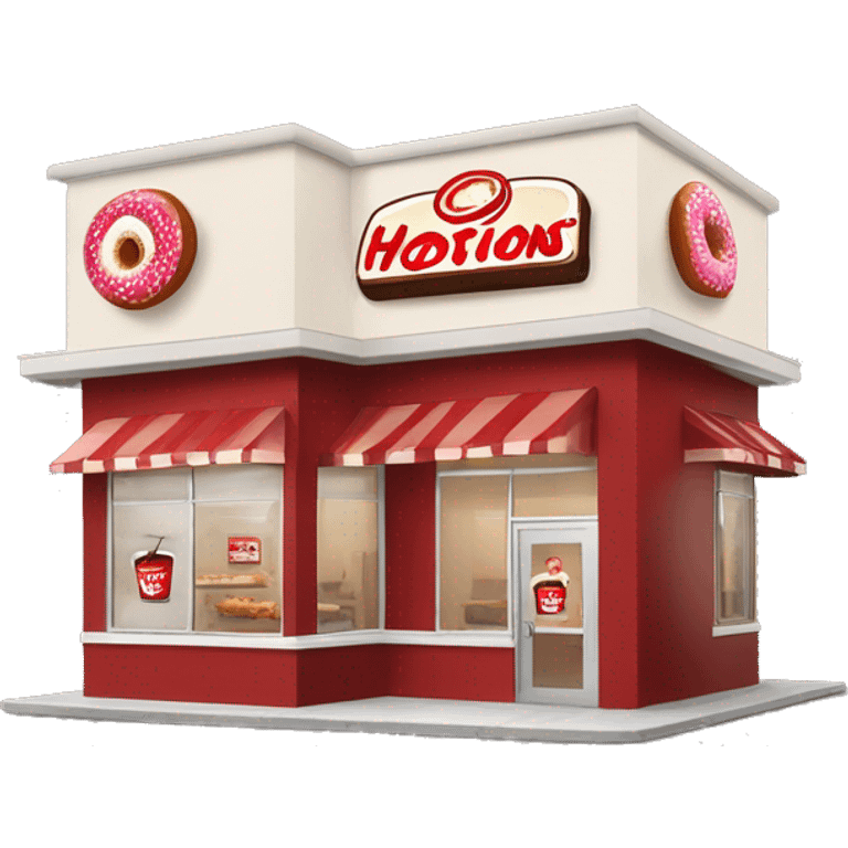 “Tim Hortons store with a red and white color scheme, featuring the classic Tim Hortons logo, a warm and welcoming design that represents a popular coffee and donut shop.” emoji