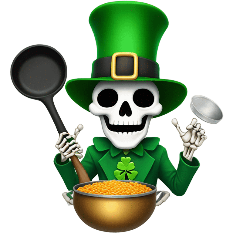 Skeleton wearing a leprechaun hat while holding a frying pan emoji