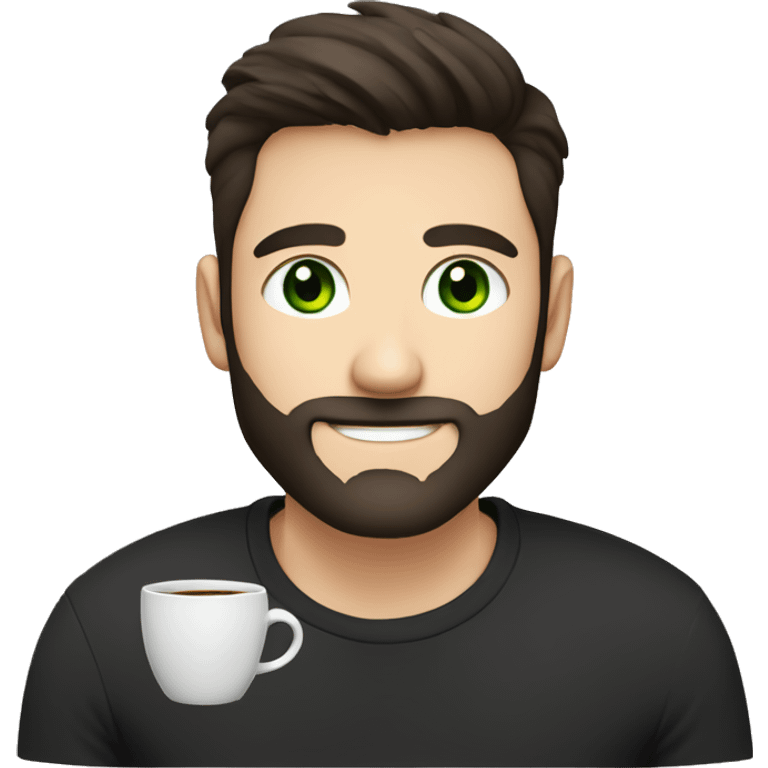 Handsome man with dark hair, holding an cup of coffee, gradient short hair on the side, green eyes. Thin face. Black t-shirt. A little beard. emoji