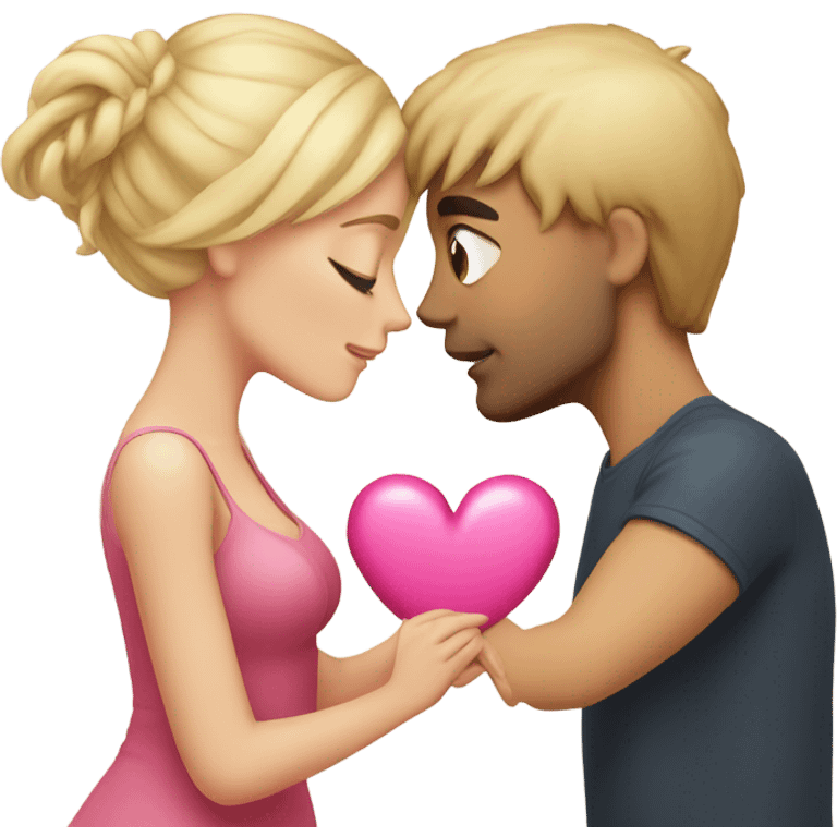 Cute couple, blonde hair woman and dark haired man kissing holding a pink heart emoji