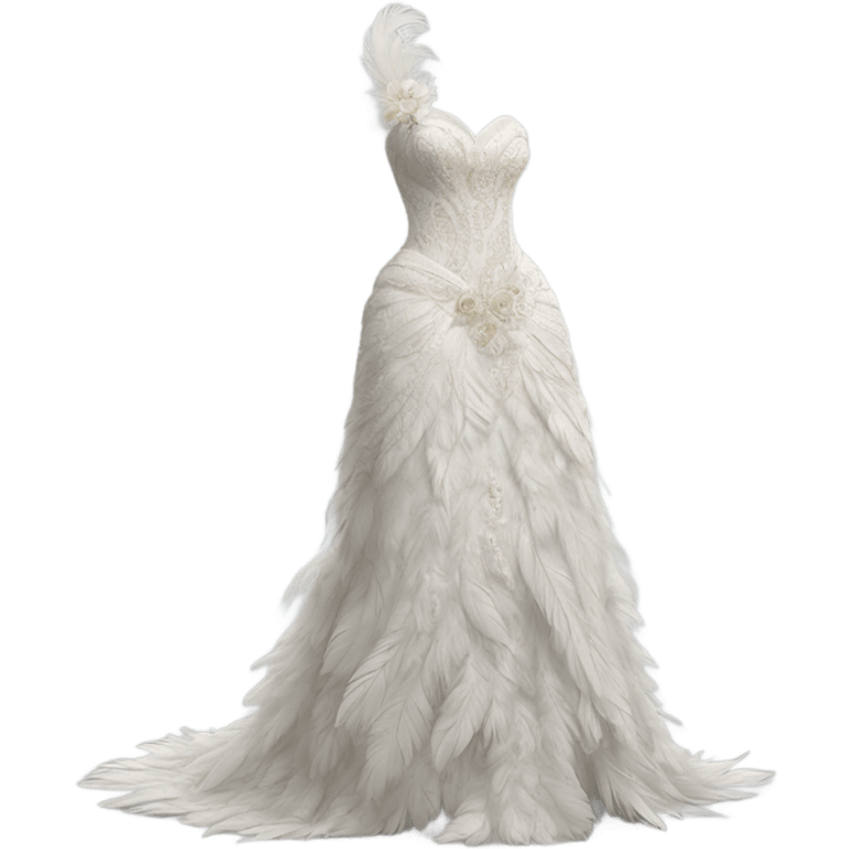 Hyper Realistic ornate Wedding dress displays  with feathers  emoji