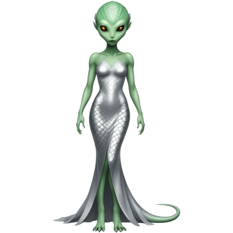 alien reptilian woman light green skin in silver dress, full body emoji