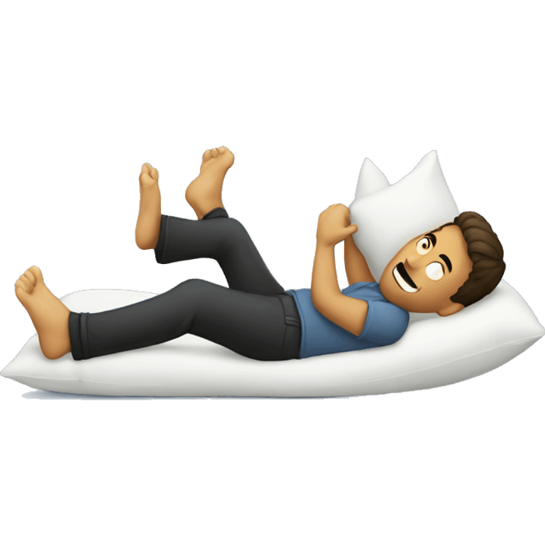 Guy laying down with feet up in the air holding up a pillow emoji