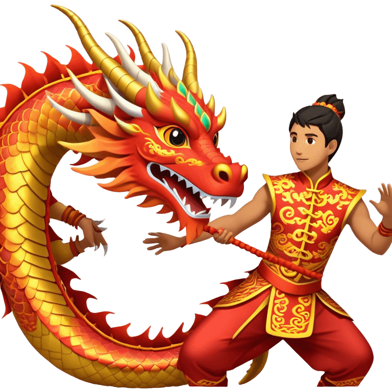 Cinematic Realistic scene of two performers guiding an elaborately designed dragon costume during a Dragon Dance, with vivid traditional patterns and dynamic motion, set under festive, red-tinged lighting emoji