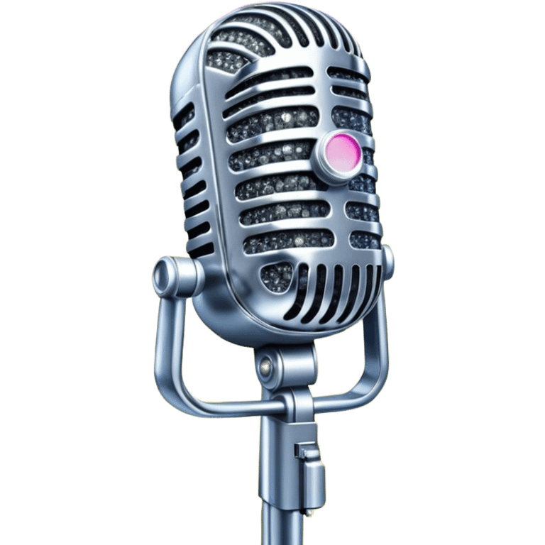 Create a glamorous and vibrant emoji representing stage vocal performance. The design should feature a humanless collage of classic vintage microphone, stage costume covered in rhinestones, large scene speakers, scene lights. The costume should be stylized, with glittering elements like sequins and sparkles, and reflect the glitzy, extravagant nature of show business. The microphone should have a sleek, retro look with chrome or metallic accents. Use rich, dazzling colors like gold, silver, deep purple, and bright red to evoke the glamorous, larger-than-life feel of a stage performance. The background should be transparent. emoji