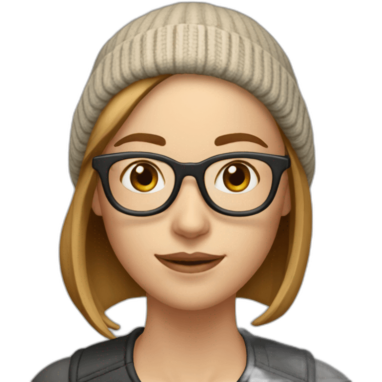 30 year old white woman short straight light brown hair with a beanie on her heard and glasses emoji