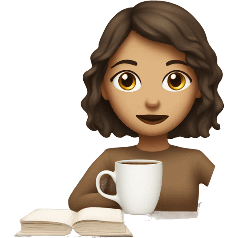 Half face of a girl behind the laptop. A a cup of coffee on the left side of the table. Books on the right side. in beige tones emoji