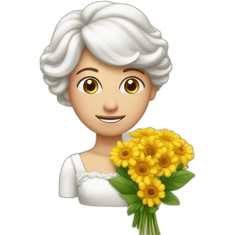 crée un emoji avec une tete de personnage avec des yeux festif tenant un énorme bouquet de fleur de mariage emoji