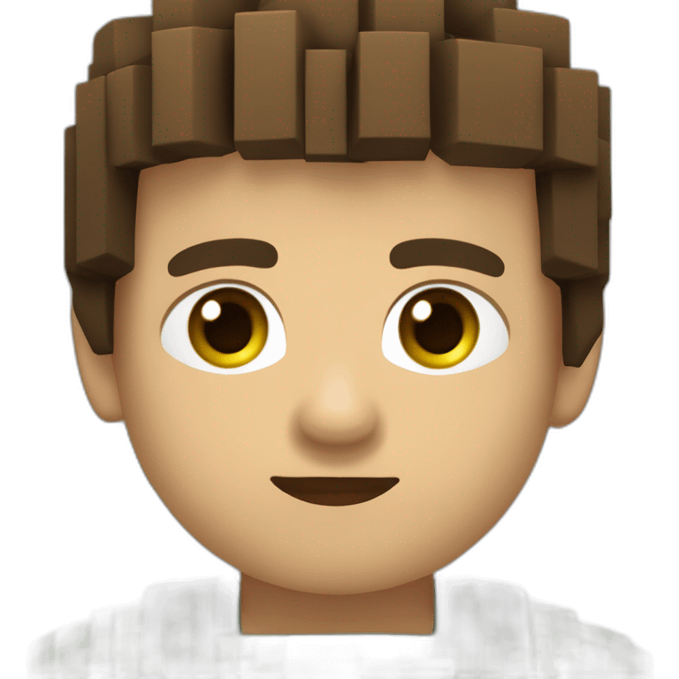 niño con pelo castaño, corto y de punta, vestido al estilo mincraft. con ojos verdes y enfadado emoji