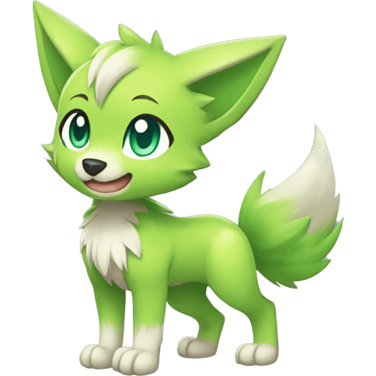 Cute Shy Shiny Chibi Lime-Green Fakémon-Wolf-Pokémon Full Body emoji