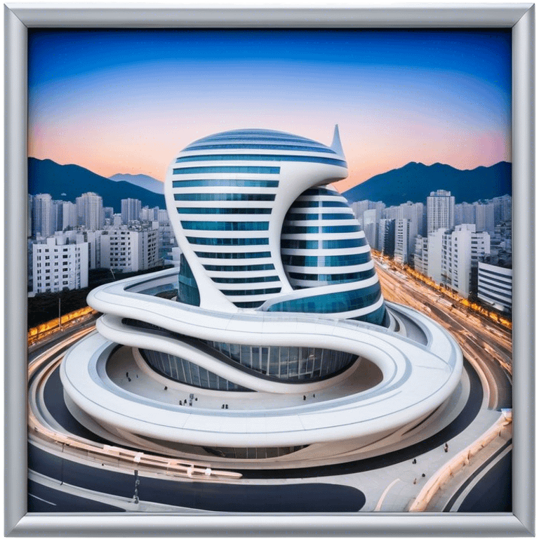 Realistic Dongdaemun Design Plaza (DDP) Landmark Emoji, featuring the iconic curving silver structure with futuristic architecture, illuminated pathways, and a sleek modern design set against the Seoul cityscape. emoji