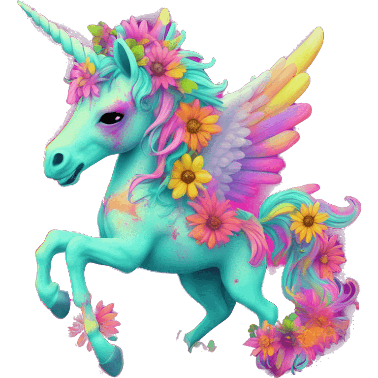 Zombie Pegasus unicorn psychedelic flowers floral groovy art neon rave raving emoji