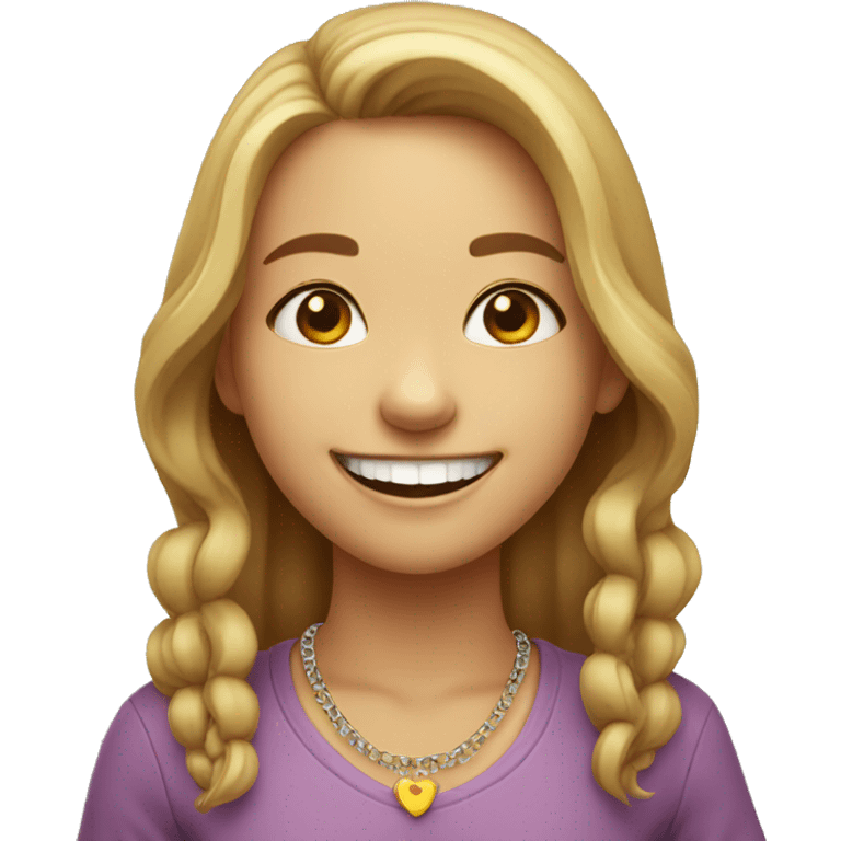 smiling girl indoors with necklace within tooth emoji