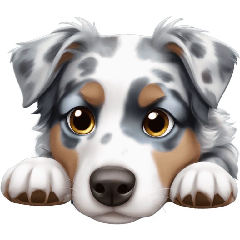 Blue Merle Australian shepherd puppy lying down with one blue and one brown eye   emoji