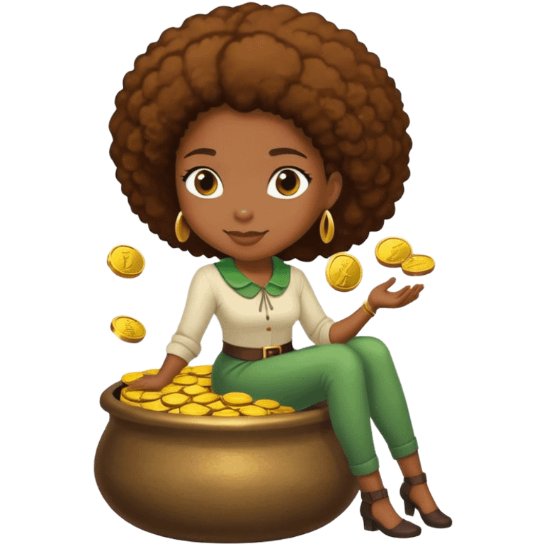 black woman sitting on a pot of gold coins emoji