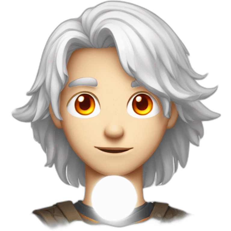 white haired boy with orange-red eyes, long hair, he has powers of the sun god, teeange boy, 15 years old emoji