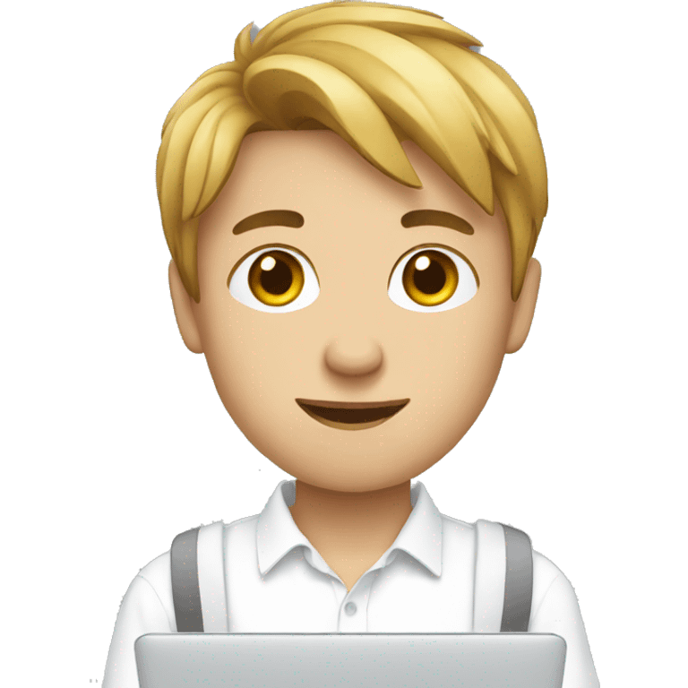 teenager guy wearing a white shirt, using his laptop emoji