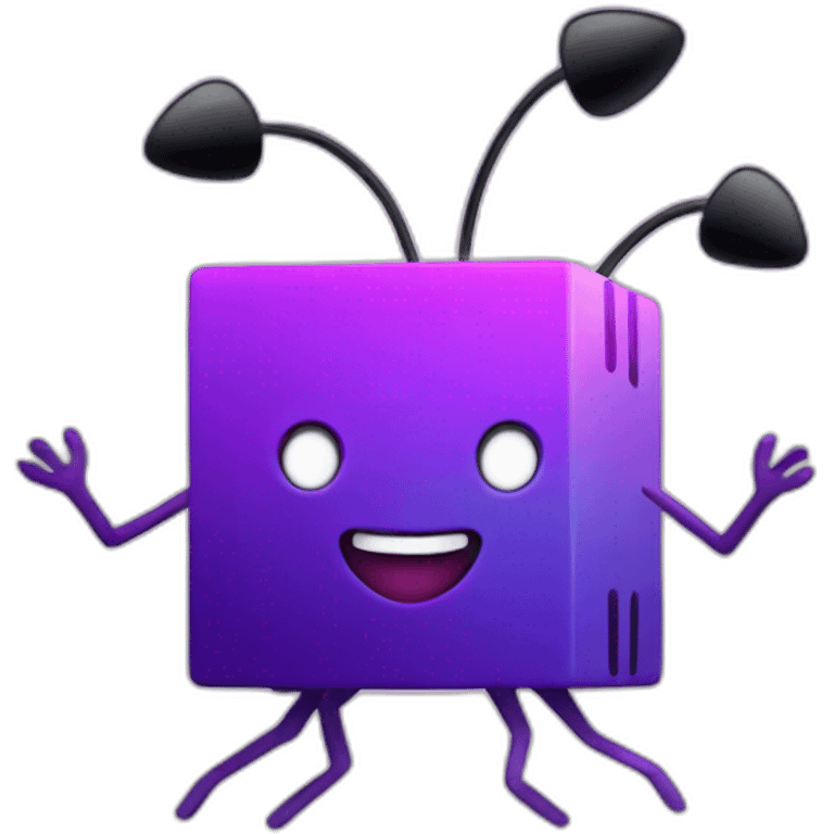 purple gradient colored cube with 2 long hands and long legs with an antenna as a hat and a smile emoji