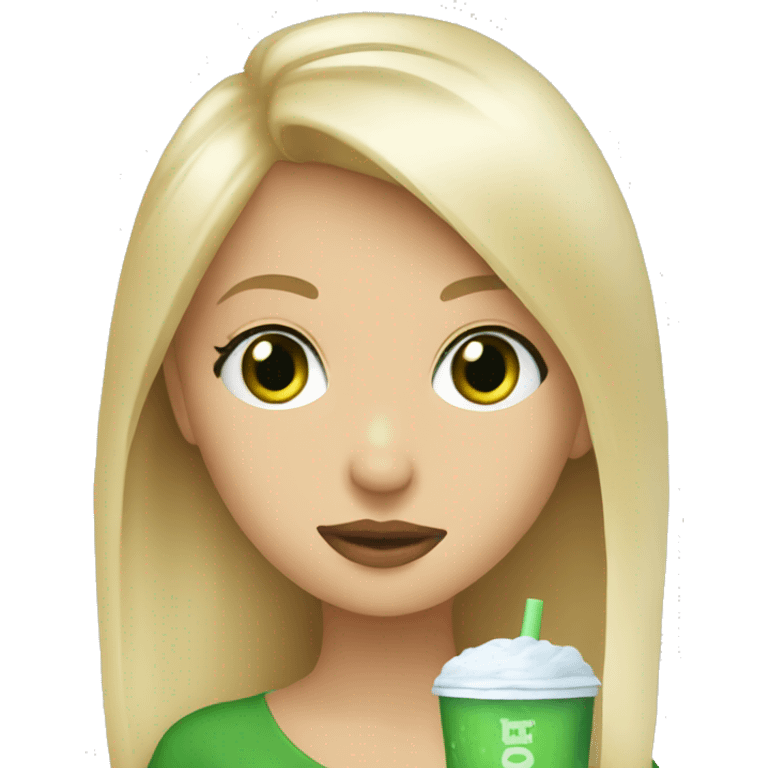 blondie girl with green eyes drinking ice coffee  emoji