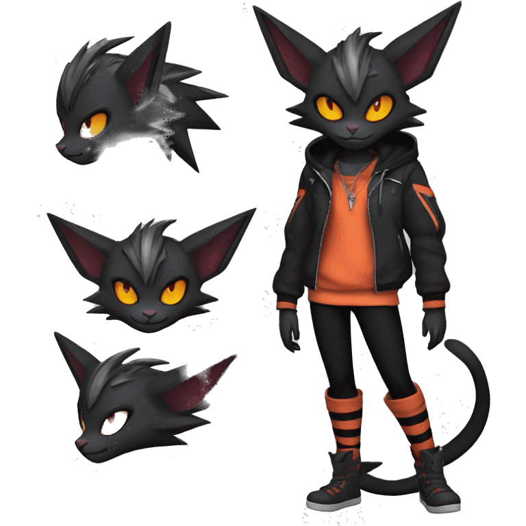 Cool Anthro Black Noivern-Quiana-Litten-Pokémon with edgy stripes hoodie spiked collar punk Full Body emoji