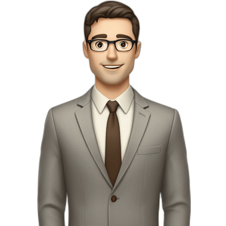 Pale skinned fit man with dark brown hair in gray jacket, beige office shirt, brown tie, brown pants and vintage glasses Writing text on a marker board emoji