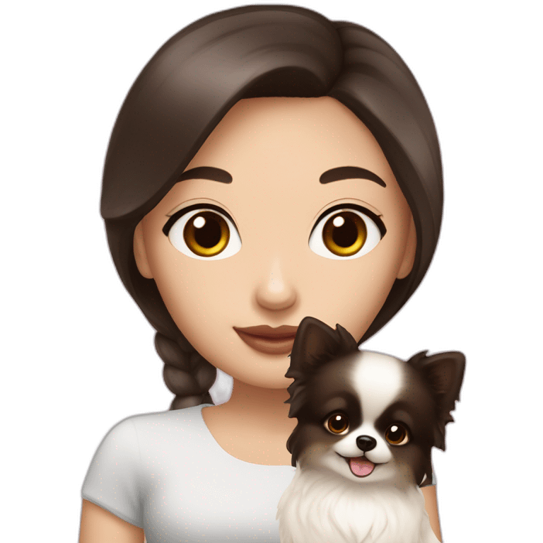 Girl with dark hair white skin holding cream whithe Pomeranian  emoji