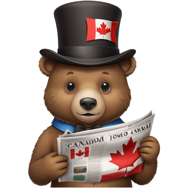 bear waring a top hat that has canadian flag on it and reading newspaper emoji