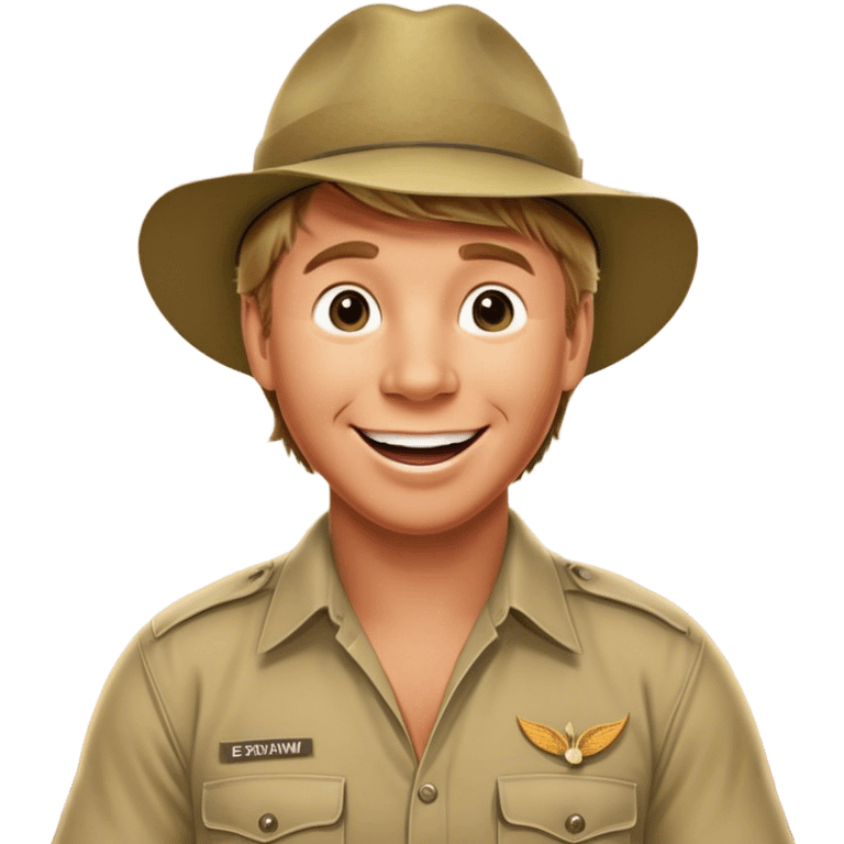 Cinematic Realistic Steve Irwin Portrait Emoji, depicted as a passionate wildlife expert in his signature khaki attire with an enthusiastic smile and a backdrop of the Australian outback, rendered with vibrant textures and dynamic natural lighting that captures his adventurous spirit. emoji