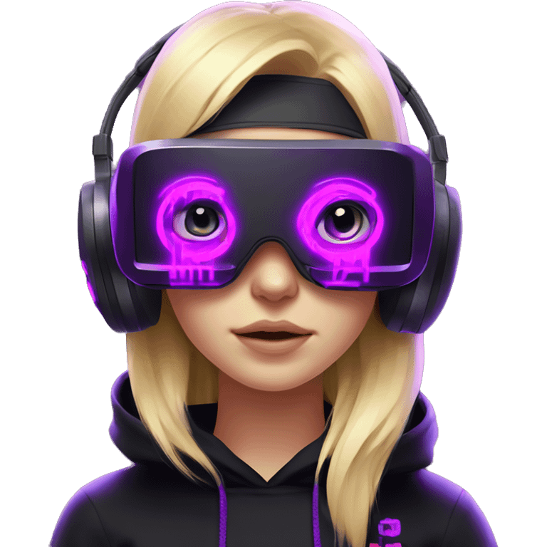 Russian cute blond girl wearing black hoody with violet letters "OMG", in vr headset. Cyberpunk style. Violet neon. emoji