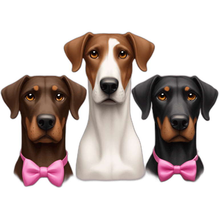 a-white-doberman-with-a-pink-bow-tie-on-the-neck,-a-black-one-and-a-brown-one emoji