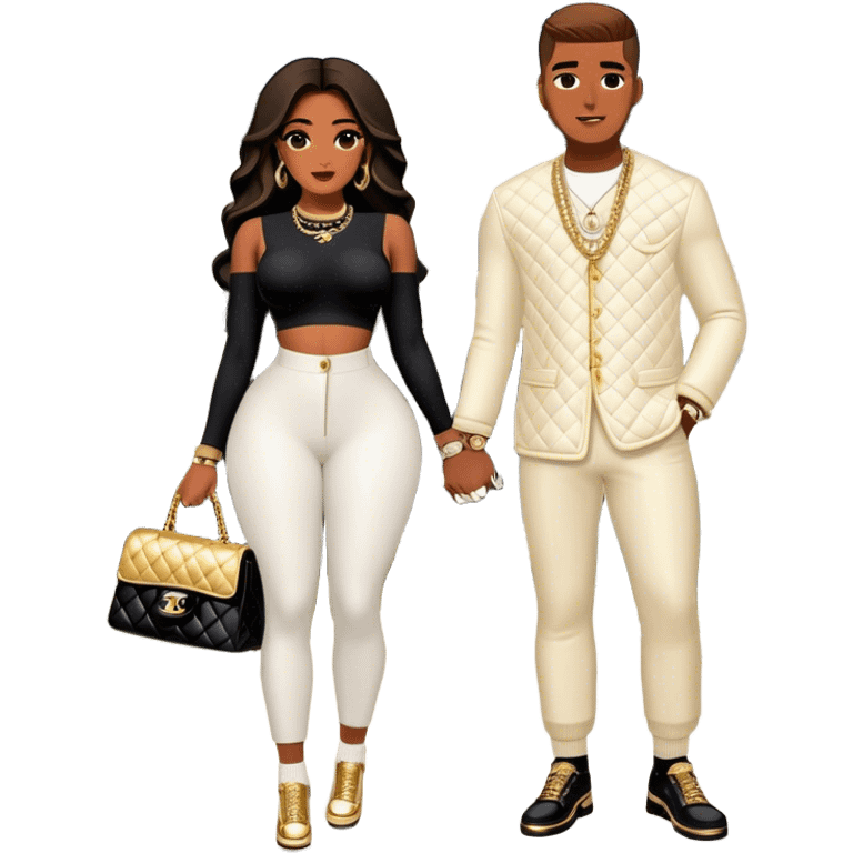 Man living his dream. He’s boo’d up with a pretty Brownskin big booty woman wearing a Chanel outfit with her holding a Chanel bag. The man has on an Off-White outfit down to the shoes and socks. The man isn’t holding a bag, but they’re standing in front if they’re Mansion emoji