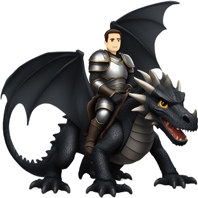 Confident armored White Man with dark brown hair and a short beard riding on the back of a giant armored black dragon emoji