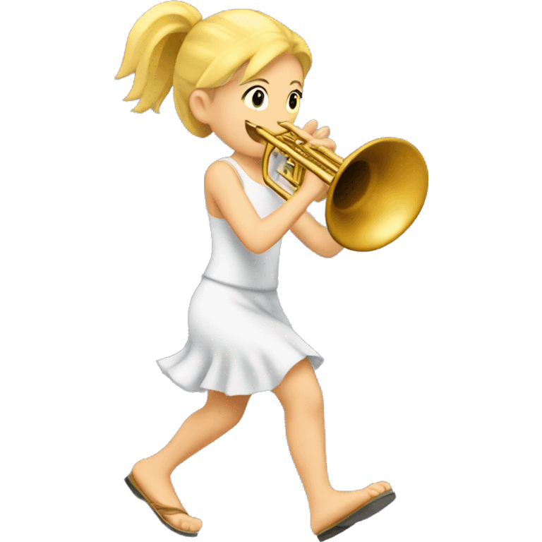 Blonde girl barefoot and marching while playing trumpet  emoji