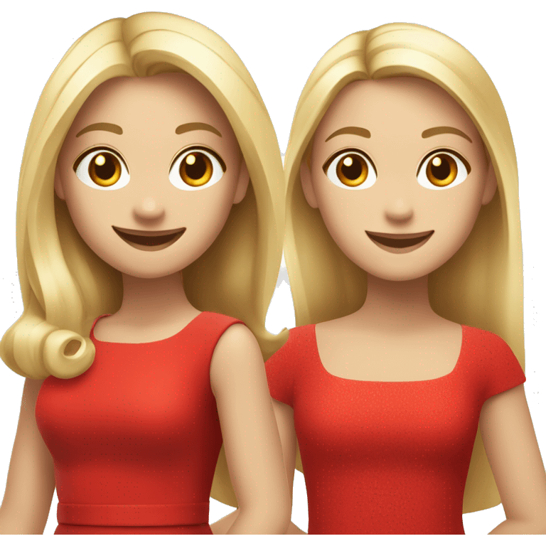 smiling girls in red dresses, girl on the left has blonde straight hair  emoji