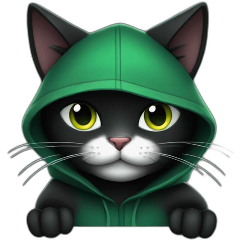 Green hooded black cat assassin waving emoji