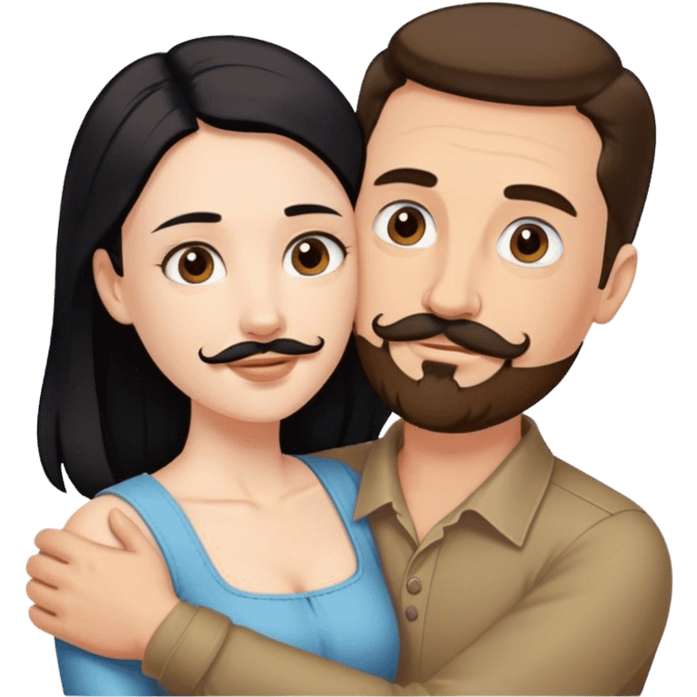 Tall white man with brown mustache goatee AND a short pale woman with long black hair, hugging emoji