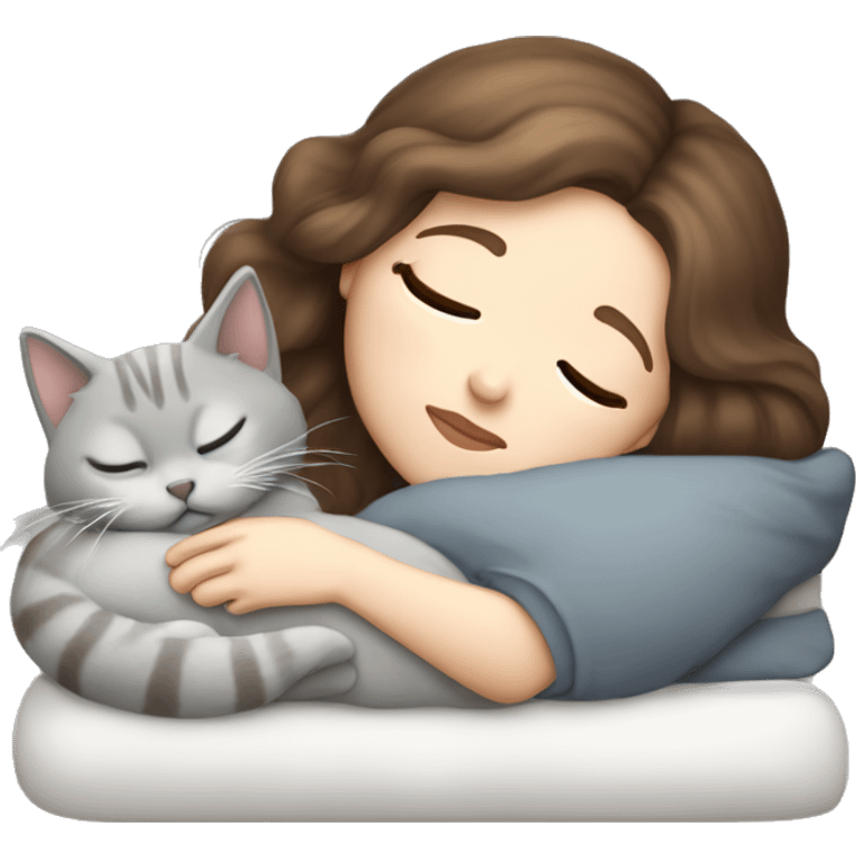 White girl brown hair sleeping with light grey kitty emoji