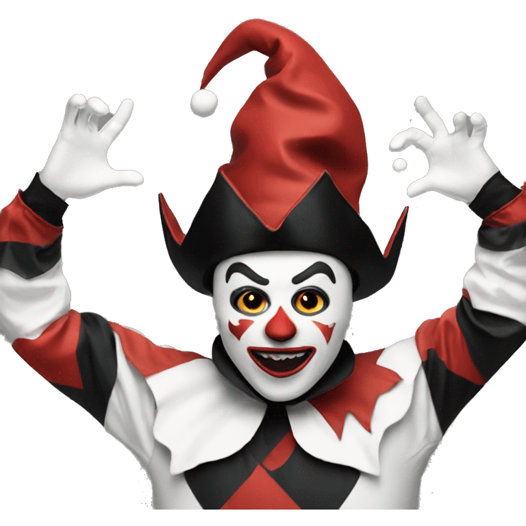 Red, black, and white jester juggling scary emoji