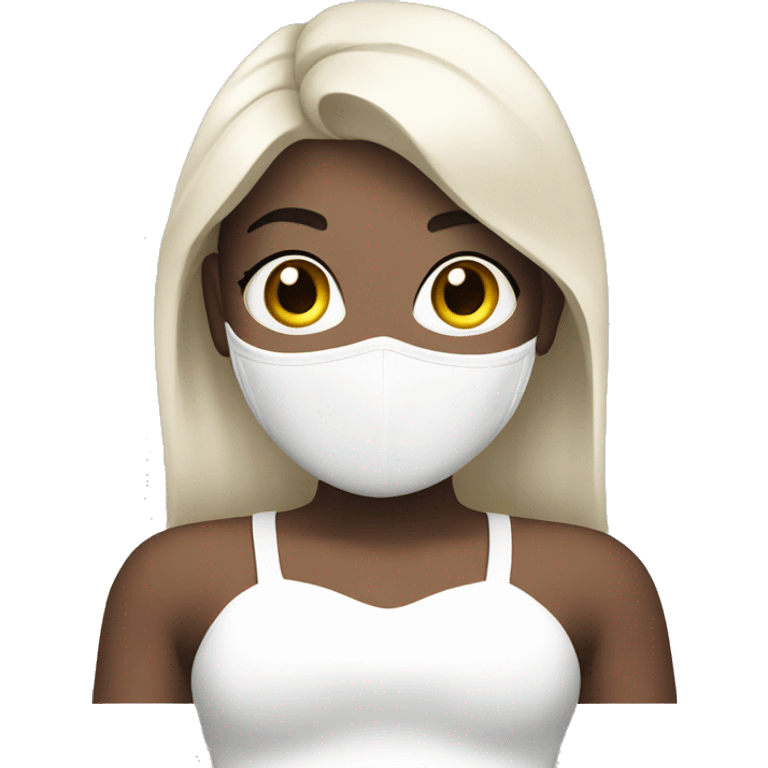 A rap singer with white skin, a face mask, a white dress, and a white bra emoji