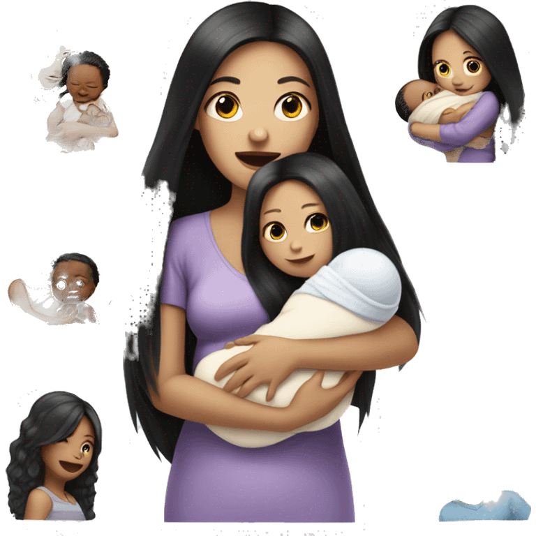 Pale girl with long black hair is holding a newborn baby emoji