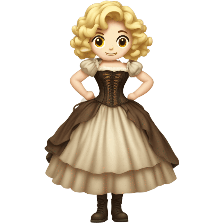 a blonde girl with brown hair standing with her back tied an old corset on a fluffy dress emoji