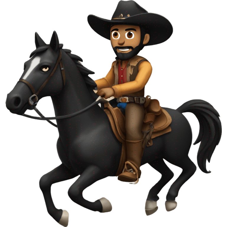 man with black beard and black eyes wearing a cowboy hat riding on his black horse with a shotgun in his hand emoji