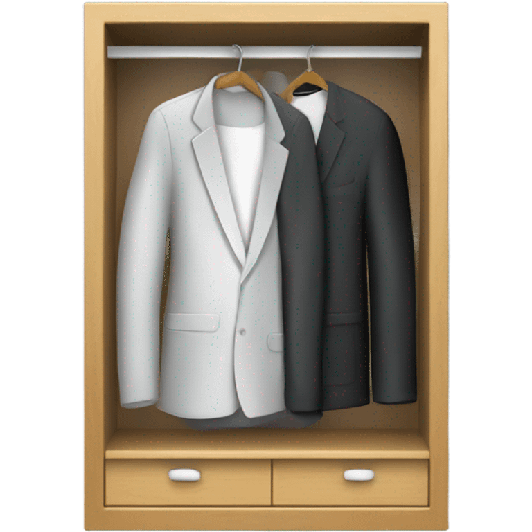 Design an emoji-style icon of an open wardrobe with clothes hanging inside. Include details like a wooden frame, hangers, and only black or white different clothing items such as shirts or any other clothing . Use a clean and minimalistic design. emoji