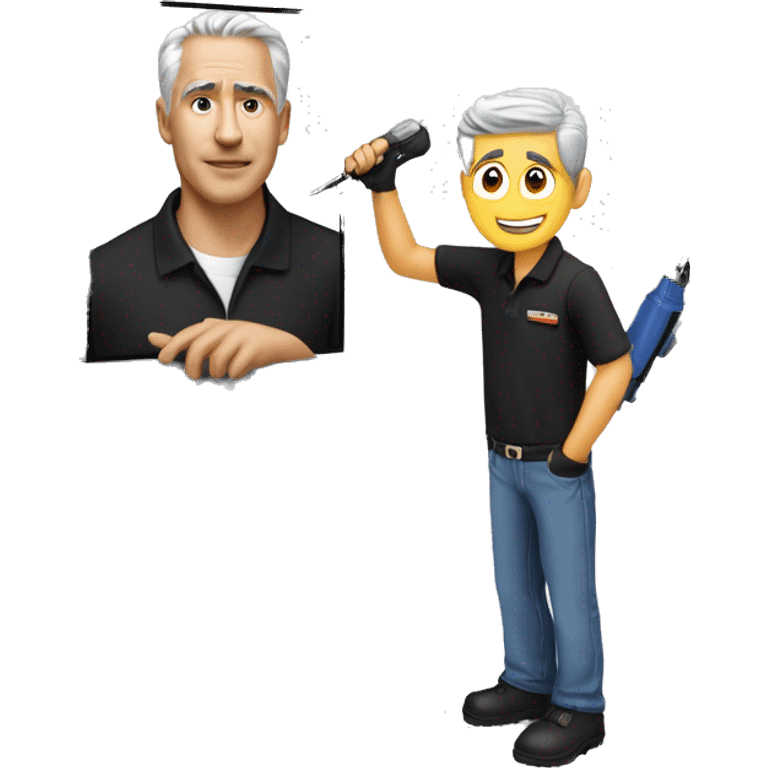 Technician with grey hair wearing a black polo shirt installs a TV onto a white wall of an exhibition Booth using a screwdriver emoji