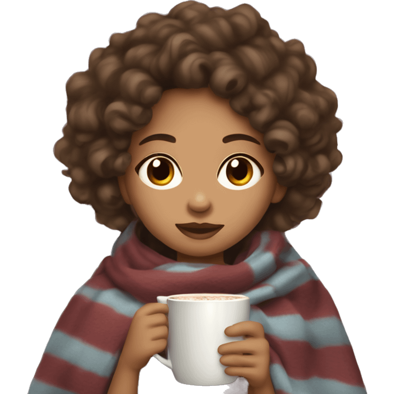 Light skin girl in blanket, drinking hot cocoa with curly hair emoji